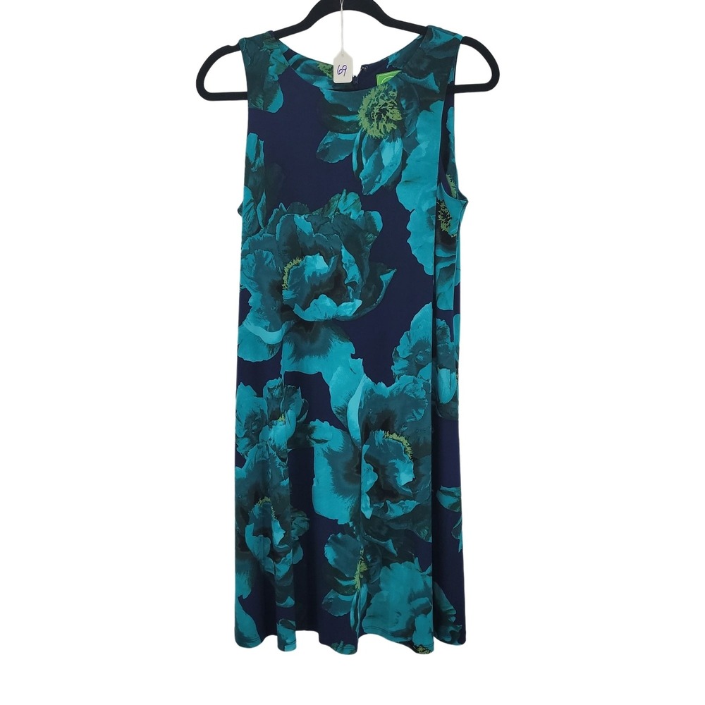 Vtg Pappagallo Dark Floral Resort Sleeveless Dress Sz M Blue Non Wrinkle